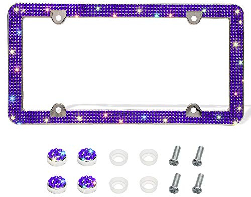 Otostar Bling Kennzeichenrahmen, Handarbeit 4 Reihen Glänzende Strasssteine Edelstahl 4 Löcher Kennzeichenrahmen mit Anti-Diebstahl-Schrauben Kappen Set (Violett)