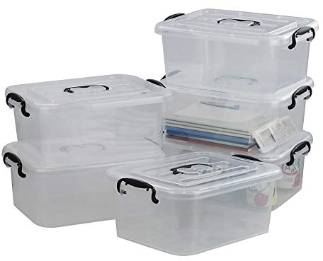 Xowine 8 L Plastic Storage Boxes with Lid and Latch, Set of 6, Transparent Clear