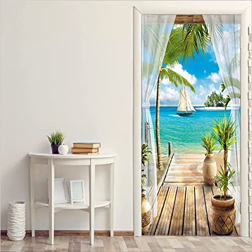 FLFK 3D Blauer Himmel Weiße Wolken Kokosnussbaum Landschaft Türtapete Wandbilder Selbstklebend Tür Poster Vinyl Entfernbar Mauer Aufkleber Zuhause Dekor 77x200CM