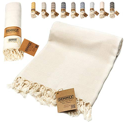 DEMMEX Strandtuch, Badetuch, 100% zertifizierte türkische Bio-Baumwolle, Pestemal, Hamamtuch, Saunatuch, Stranddecke, übergroß schnell trocknend sandfrei kompakt – vorgewaschen, 180x90cm