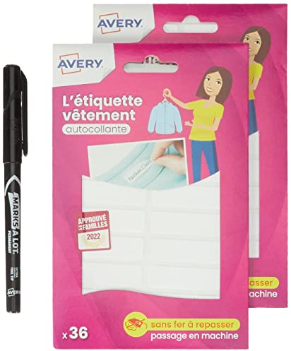 Avery - Etiquetas de ropa autoadhesiva blanca con marcador, 72 (2 bolsas de 36), tamaño 1,3 x 4,5 cm