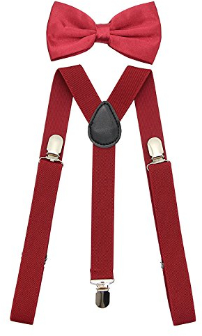 SUNTRADE Hosenträger für Herren und Damen, elastisch, Y-Form, verstellbar, mit Clips und Fliege Gr. Einheitsgröße (Weinrot)