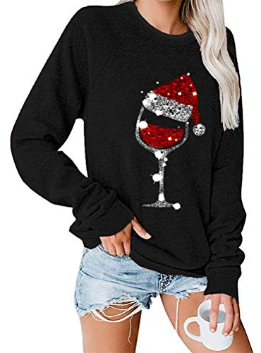 ORANDESIGNE Weihnachten Pullover Damen Weihnachtspulli Weinglas Weihnachtspullover Weihnachtsmann Christmas Sweatshirt Xmas Pulli Shirt E Schwarz L