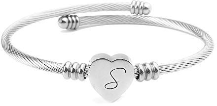 ShopINess Damen Armband mit Buchstabe A-Z Herz Armband Silber aus Edelstahl, Offenes Verstellbares Armband, Personalisierter Schmuck Geschenk für Mama Tochter Freundin oder Partnerin (S)