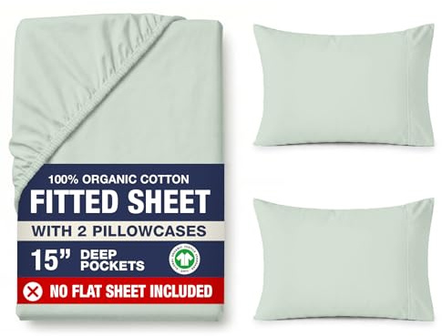 LANE LINEN 100% Organic Cotton Fitted Sheet Super King – Soft & Breathable, 2 Pillow Covers Included, 35cm Deep Pocket, Secure Fit Bottom Sheet - Cool Blue