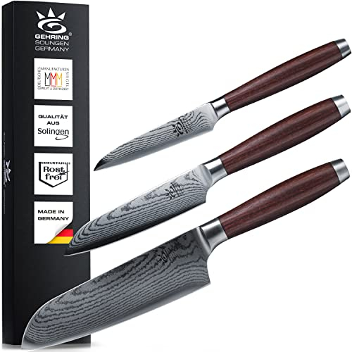 SOLINGEN PREMIUM MYII | Küchenmesser - Messerset, 3-tlg. | Made in Germany, eisgehärtete & scharfe Profi Damastmesser | Messer Set inkl. Santoku Messer 18 cm + 13 cm + Gemüsemesser 9 cm