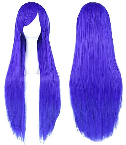 IMISSU 80 cm langes glattes Naturhaar Cosplay Perücken mit Pony Bunt Halloween Kostüm Party Perücke Haarverlängerungen (Blau)