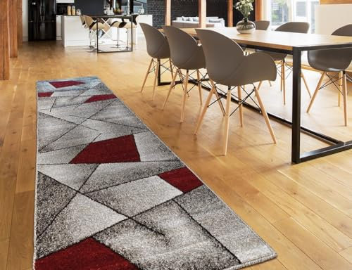 oKu-Tex Teppich | Webteppich | für Wohnzimmer, Flur, Schlafzimmer | Teppichläufer, Brücke | Rot Modern | geometrisches Design | Öko-Tex 100 |Größe 80 x 330 cm