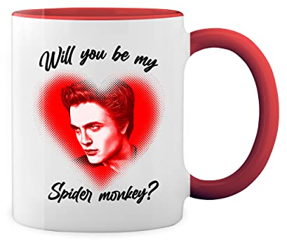 Will You Be My Spider Monkey Weiße Tasse Mug mit roten Felgen und Griff