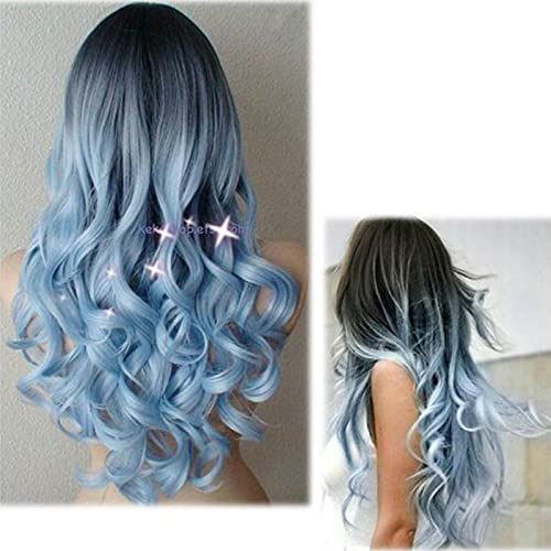Damen Perücke Grau Schwarz Farbverlauf Lang Lockig Natürlich Synthetische Haar Perücken Für Frauen Mädchen, Alltag Anime Cosplay Kostümparty Halloween Karneval Grau Wig Perücken (02#Blau)