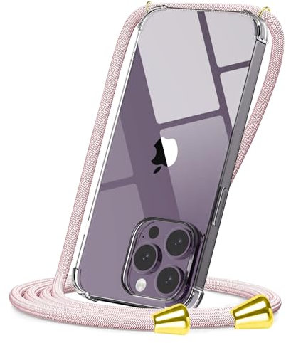 CAROKI Crossbody Case for iPhone 14 Pro Max,Necklace Mobile Phone Cover with Cord Strap Clear Transparent TPU Soft iPhone 14 Pro Max Cover Holder with Neck Cord Lanyard Strap-Rose Gold