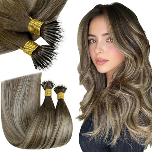 RUNATURE Nano Beads Hair Extensions 18Inch Durable Human Hair Dark Brown Ombre Light Brown with Blonde 50g 50s Invisible Nano Ring Straight Remy Hair #3/8/22
