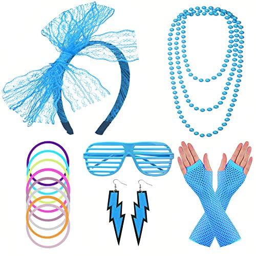 FACATH 80er Jahre Party Kostüm Zubehör Set mit Spitzen Stirnband Neon Ohrringen Fingerlosen Netzhandschuhen Damen 70er 80er Jahre Outfit Disco Zubehör (Himmelblau)