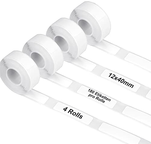 4 Rollen Thermo Etiketten Papier, 12 x 40 mm Etiketten Selbstklebend Wasserdicht, Reißfest für D110/D30 Etikettendrucker, Weiße Schriftbänder, Thermoetiketten für Einmachgläser, Akten, Adresse