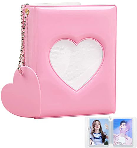 Kpop Photocard Binder, 3 Zoll Photocard Holder Mini Portable Fotoalbum Photo Kpop Binder Album, Love Heart Hollow K-pop Photo Card Holder Album with Love Heart Pendant (32 Pockets, Pink)