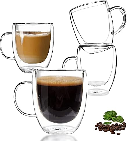 Double Walled Glass Coffee Mugs, Set of 4 Clear Glass Coffee Mugs with Handle, 350ML Glass Tea Cups, Insulated Coffee Mug for Latte, Cappuccinos, Hot/Cold Drink, Blacktea