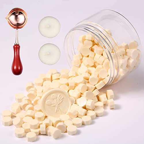 Comealltime 248 Stück Siegelwachs Set, Makaron Farbe Achteckige Siegelwachsperlen mit 2 Teelichtern & 1 Schmelzlöffel, Siegellack für Wachssiegel Stempel-Milchweiß