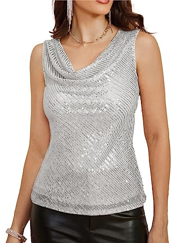 GRACE KARIN Damen Bequemes Oberteil mit V-Ausschnitt Modisches Ärmelloses Sexy Glänzendes Pailletten Sequin Tank Top Silber Weiß XL