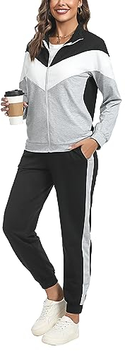 Marvmys Streatwear Trainingsanzüge Damen Leicht Sportanzug Freizeitanzug Jogginganzug Langarm mit Reißverschluss Kordelzug Taschen