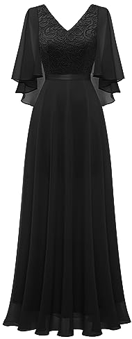 DRESSTELLS Damen Formelle Kleider Hochzeitsgast Chiffon Cape Ärmel Brautjungfer Kleider Abendkleider Black M