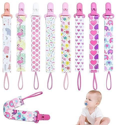 8Pcs Dummy Clip Girls, Baby Pacifier Clips Soother Clip Chains Dummy Strap Silicone Ring Adapter for All Dummies Soothers Teething Toys Newborn Essentials