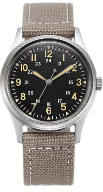 PRAESIDUS | 𝗝𝘂𝗻𝗴𝗹𝗲 𝗙𝗶𝗲𝗹𝗱 - Uhren für Herren, Herrenarmbanduhren - Feld, Militär - Popcorn-Patina-Zifferblatt, Hellgraues Canvas-Armband - Zusammengebaut in den USA | Geschenk