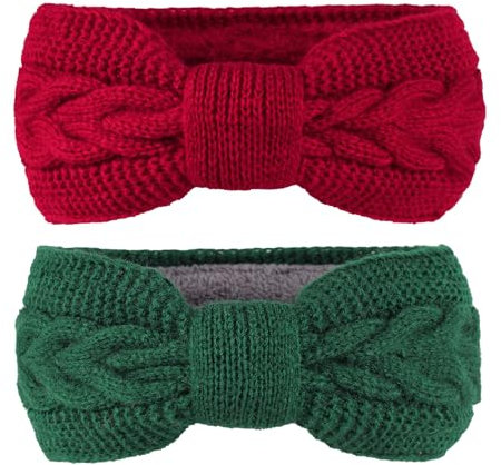 2PCS Women Fleece Lined Headbands Ear Warmers Knitted Thermal Hairband Elastic Winter Warm Cable Knit Hair Wrap (Wine Red+Green)