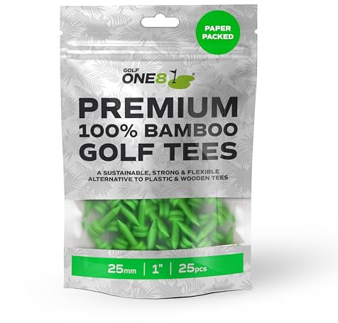 Golf One8 Green Golf Tees , 1 Inch - 25mm ,25 Tees , Premium 100% Bambo Green Golf Tees , 100% Bamboo , 100% Sustainable , 100% Biodegradable