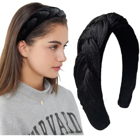 LEBENSWERT Haarreif Samt Geflochtener Haarreifen Damen Trachten Haarreif breit Vintage Harrband Mode Stirnbänder für Frauen (Schwarz)