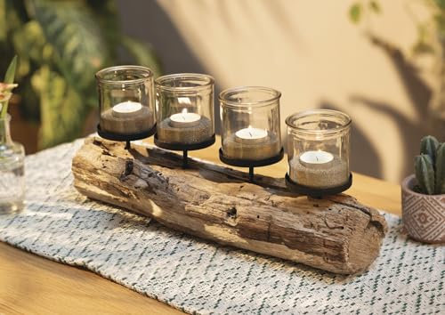 Kerzenhalter Rustikal aus verwittertem Holz, 49 cm lang, Kerzenleiste mit 4 Windlichtgläsern, Kerzenboard