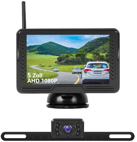 Digitales kabelloses AHD-Rückfahrkamera-Set mit 5 Zoll LCD-Monitor, IP69 Wasserdicht Rückfahrkamera Einparkhilfe System, 6 LED-Leuchten Nachtsicht, 170° Weitwinkel für LKW, SUV, Anhänger, Van, Auto