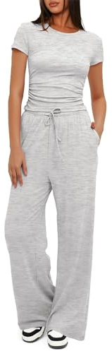 Generic Musselin Zweiteiler Damen Fitness Outfits Elegant Casual Outfit Damen Outfits Sommer Anzug Damen Elegant 2 Teiler Gym Outfit Damen Set Skims Tshirt Loungewear Damen Set Sommer(1-Light Gray,M)
