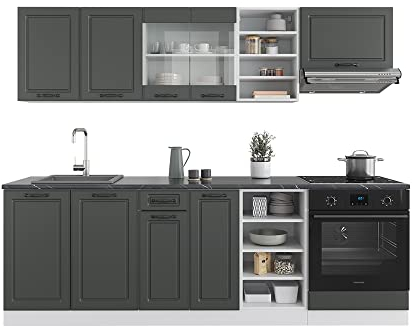 Vicco Küchenzeile R-Line, Küchenblock, Anthrazit Landhaus/Weiß, 240 cm, AP Eiche