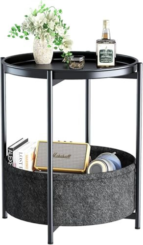 Huhote Side Table, Round End Table with Fabric Basket, Small Bedside Tables, Nightstand Sofa Tables for Living Room, Bedroom, Bathroom, Balcony, Modern Style (Black)