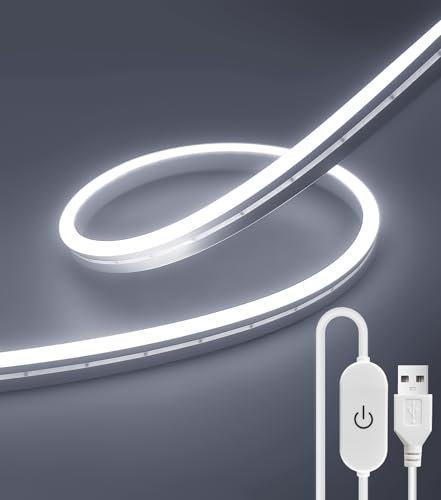 ShineBurky Ruban LED Néon 2 Mètres Blanc Froid, 3000K 5V Bande LED Alimentation USB, Ruban LED Extérieur avec IP67 Etanche et Dimmer pour Cuisine, Armoire, Miroir, Décoration d'intérieur