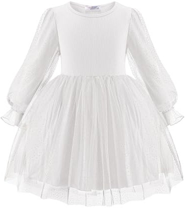 Arshiner Girls' White Tulle A-line Long Sleeve Dress, Size 3-4 Years, Party Dress for Girls 2-7 Years