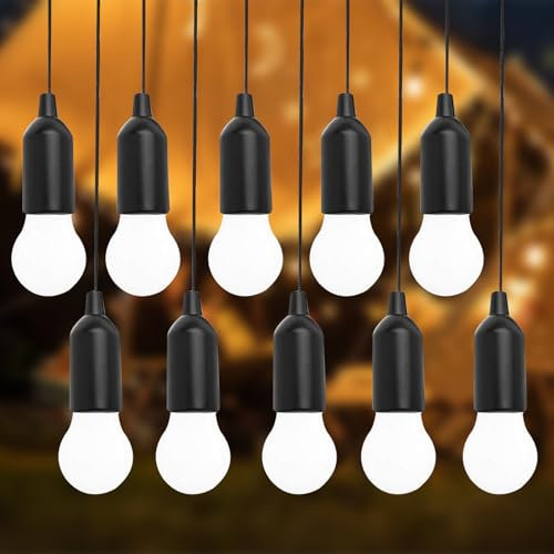 MODOAO Lamping LED Leuchte, Pull Light Led Camping Laterne,Hängende Zeltleuchte,Tragbare LED Lampe Warmweiß für Camping, Wandern, Outdoor, Party (Black, 10 Pack)