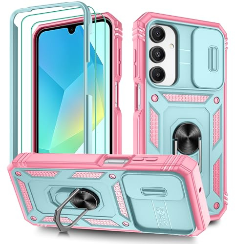 Pilaru 3 in 1 for Samsung A16 Case with Front Frame |2 Separate Screen Protector| Kickstand Ring & Camera Cover Military Grade Drop Shockproof Protection for Samsung Galaxy A16,Green/Pink