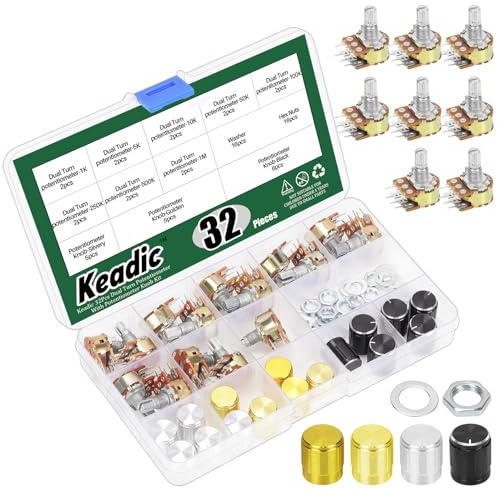 Keadic 16-Pcs-Potentiometer 10K Ohm, Lautstärkeregler-Potentiometer, 6-Pins Split Shaft Rotary Linear Dual Taper Audio B Typ Potentiometer mit 16-pcs Aluminiumlegierungsknopf für Ihre Audio-Projekte