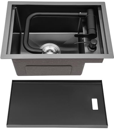 Fregadero de cocina de acero inoxidable en gris, oculto con tapa, grifo de agua fría y caliente plegable 360°, fregadero individual de 45 x 30 x 23 cm, adecuado para cocinas domésticas y grandes y