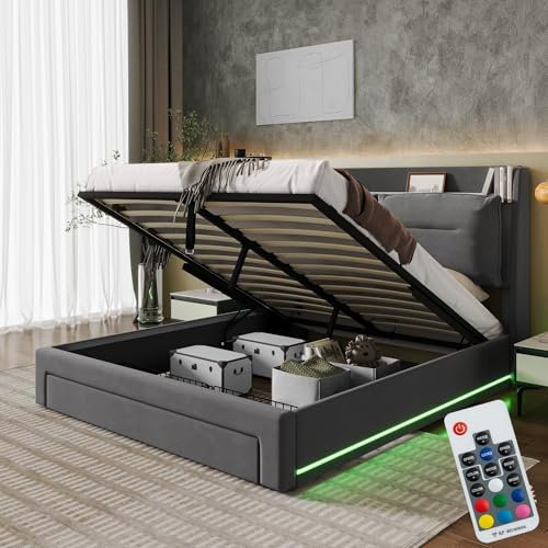 Bett 160x200 mit LED und Schubladen, Polsterbett 160x200 cm mit Stauraum und Kopfteil, Doppelbett mit Lattenrost Stauraumbett Hydraulisches Jugendbett Modernes, Aus Samt Dunkelgrau(Ohne Matratze)