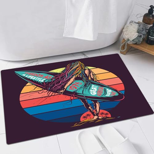 FSDGY Badvorleger Fußmatte Flauschig Teppich Badezimmerteppich Duschmatte für Bade & Wohnzimmer Schlafzimmer,Originelle Vektorillustration im Retro-Neonstil: Mädchen geht mit Surfbrett in d,60x90 cm