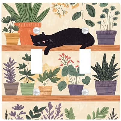 Placche di copertura per interruttore della luce a forma di gatto botanico, design con gatti e piante per decorare la casa, piastre da parete in materiale termoplastico, dimensioni standard, doppia