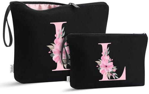 Vavabox Trousse de Toilette personnalisée A à Z, Tissu Premium & Fermeture éclair Robuste, Cadeau Parfait Femme, idée Présent Fille Unique, Cadeau Unique pour mariée ou Demoiselle (L, Noir 2 Pièces)