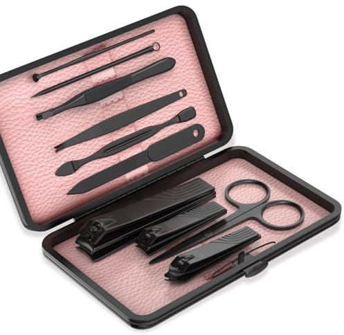 ZIZZON Travel Mini Manicure Set Nail Clipper Set 10 in 1 Stainless Steel Pedicure Care Grooming kit with Case (Black/Pink)