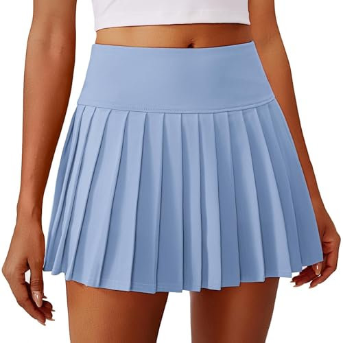 PINSPARK Damen Plissierte Tennisrock mit Taschen Hohe Taille Tennis Skort Faltenrock V-Bund Sportrock Minirock Hosenrock Golfrock UV Schutz Röcke Workout Outdoor Laufen Blau M