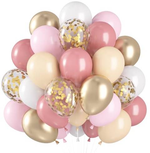 Luftballons Rosa Beige Gold, 60 Stück Luftballons Geburtstag Altrosa, Dusty Pink Beige Gold Helium Ballons, Retro Rosa Aprikose Konfetti Latex Ballons für Mädchen Geburtstag Hochzeit Babyparty Deko