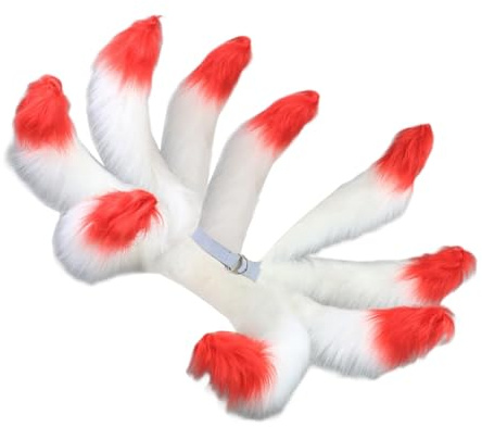 YIGZYCN Kunstfelle mit neun Schwänzen, Füchsschwanz, realistischer Kyuubi Kitsune Schwanz, LOL Ahri Tail League of Legend, Cosplay-Kostüme, Erwachsene, weiß / rot, 4-6