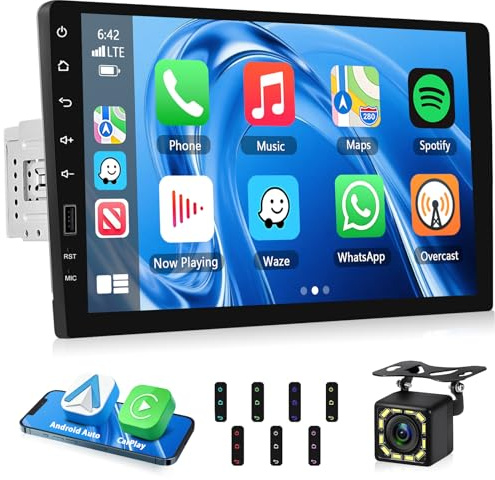 Motorsi Car Stereo Single Din con CarPlay Android Auto, 1 Din Ricevitore Audio con Touchscreen da 9 Pollici, Supporto Mirror Link Bluetooth Radio FM/AM/RDS AUX SWC EQ Car Stereo + Telecamera
