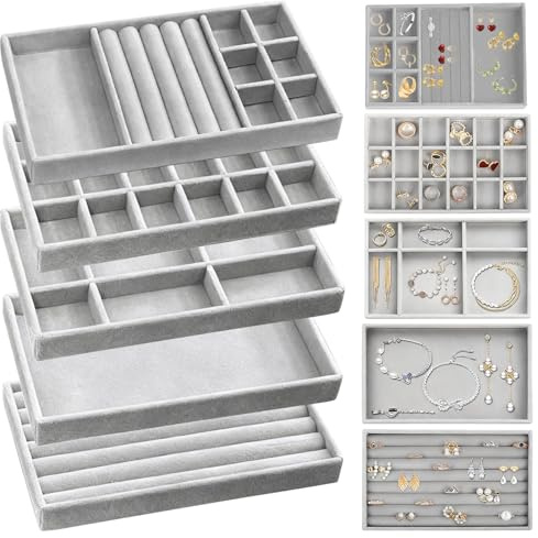 5 Pcs Jewellery Trays, Stackable Jewellery Organiser, Drawer Inserts, Grey